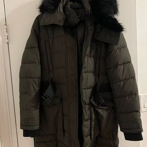 French Connection, Olive Green coat. Detachable hood with belt.